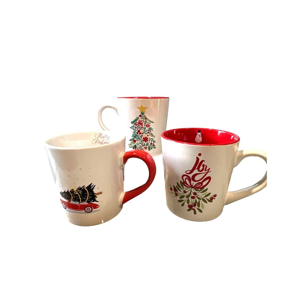 Christmas Ceramic Mug Set Red Interior Holiday Coffee Cups Joy Tree Car Design - Picture 10 of 10
